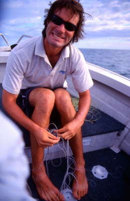 Simon Pen learning not to try and change fly lines on a rocking boat !