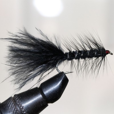 An unweighted black wooly bugger
