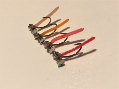 Assorted worm flies (red one's a bit chewed)